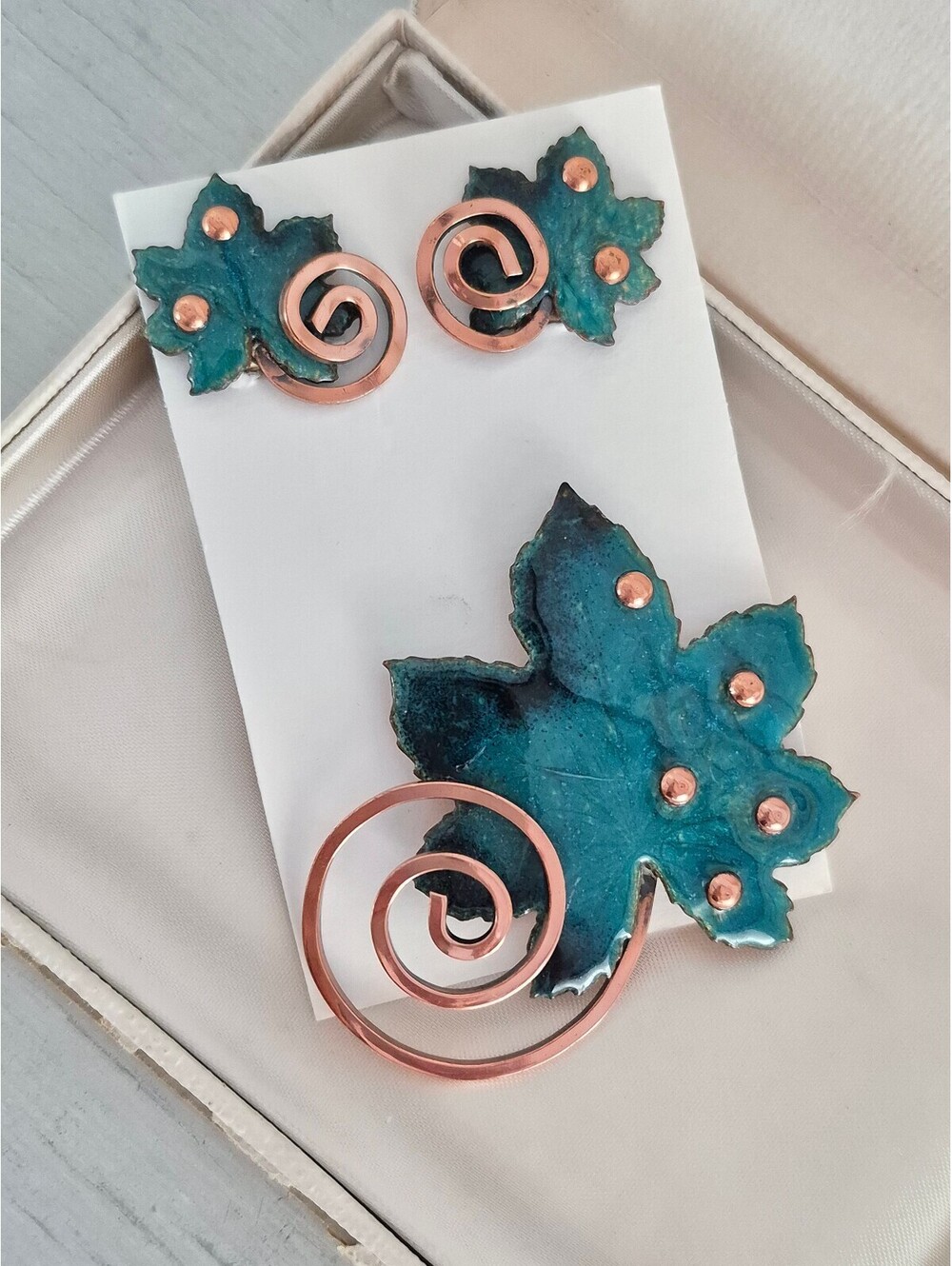 Vintage Matisse Renoir Green Enamel Leaf Copper Brooch & Earring Set
